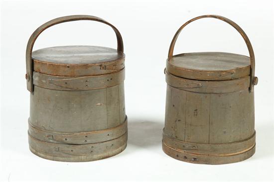 Appraisal: TWO PAINTED SUGAR BUCKETS American th century wood Lidded staved