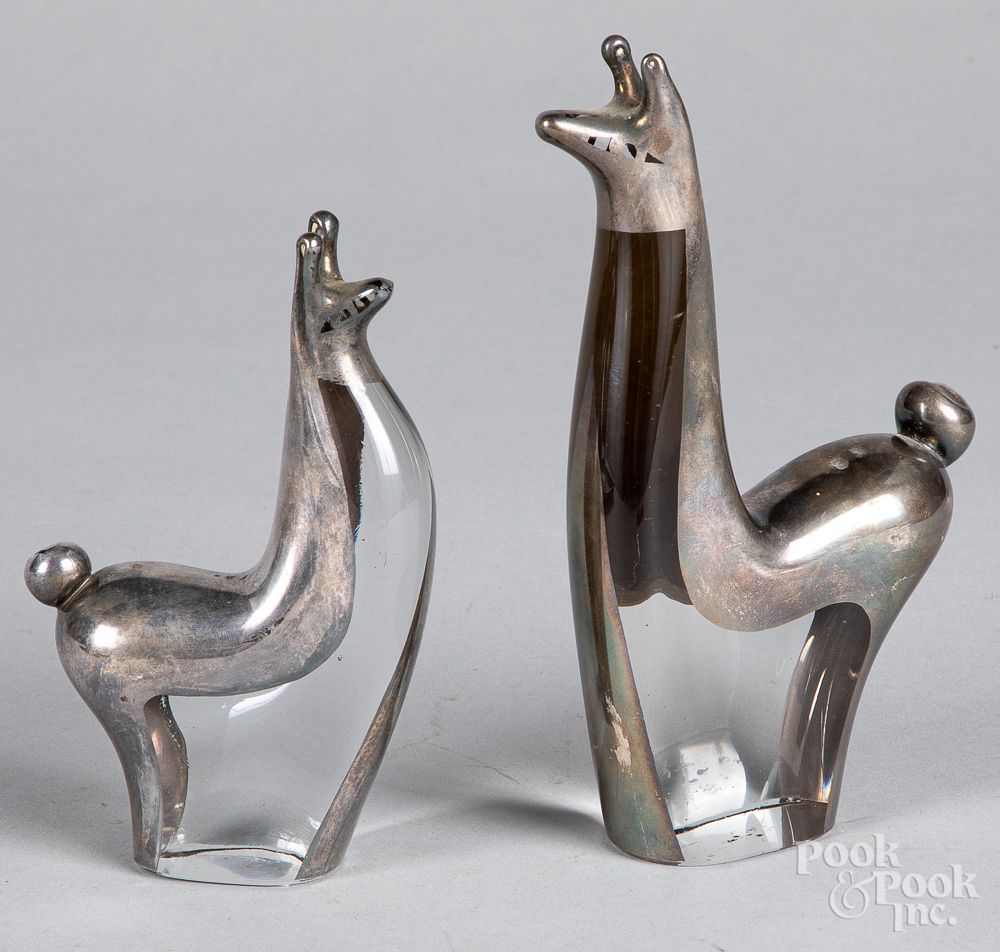 Appraisal: Pair of silver overlay glass llama figures Pair of silver