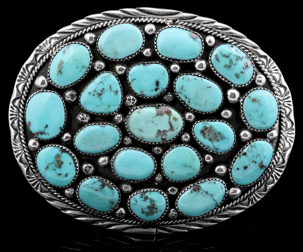 Appraisal: A GOOD NAVAJO TURQUOISE CLUSTER SILVER BELT BUCKLE The oval