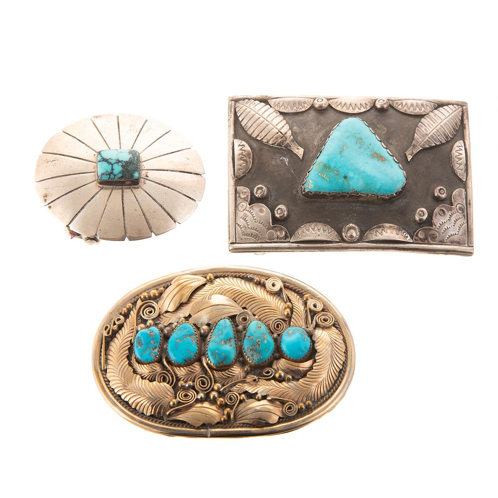 Appraisal: A Trio of Starling Turquoise Belt Buckles sterling Navajo rectangular