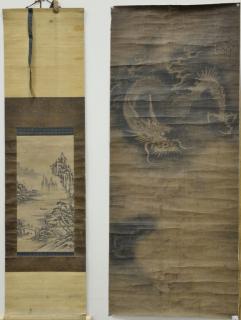 Appraisal: Two black and white scrolls th century to include dragon