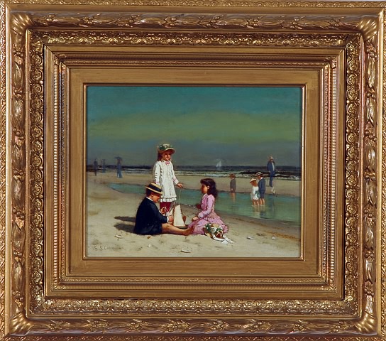 Appraisal: Three children playing along the beach oil on canvas x