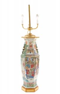 Appraisal: Chinese Famille Verte Hexagonal Table Lamp Chinese th century A