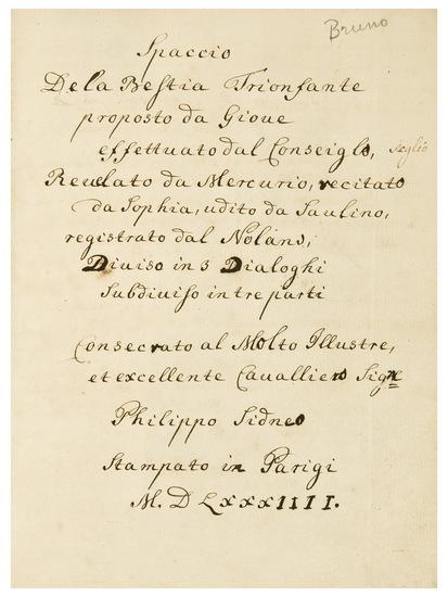 Appraisal: BRUNO Giordano - Lo Spaccio de la Bestia Trionfante manuscript