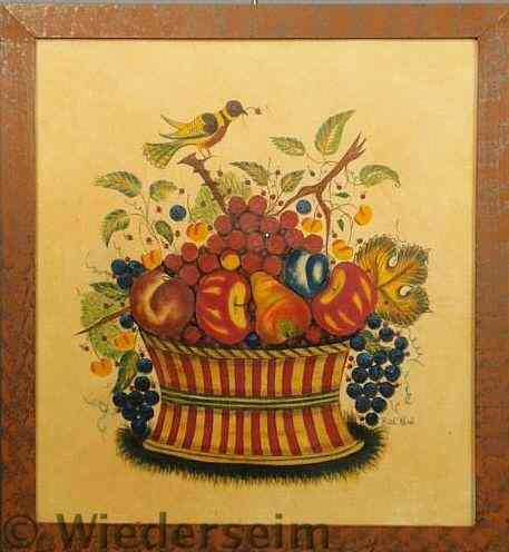 Appraisal: Oil on velvet theorem of a basket of fruit and