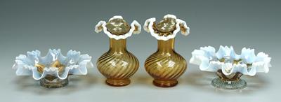 Appraisal: Four pieces glass pair swirl amber vases ruffled rims with