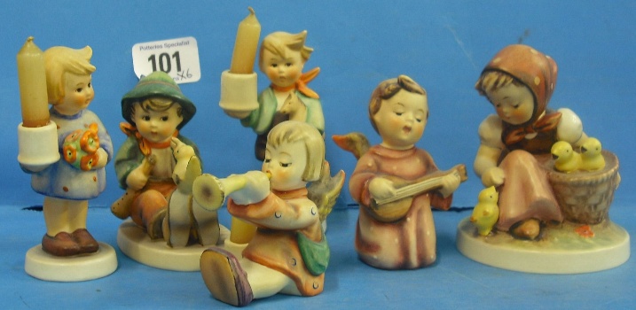 Appraisal: Goebel Hummel Figures Chick Girl Singing Lesson Candlestick Boy and