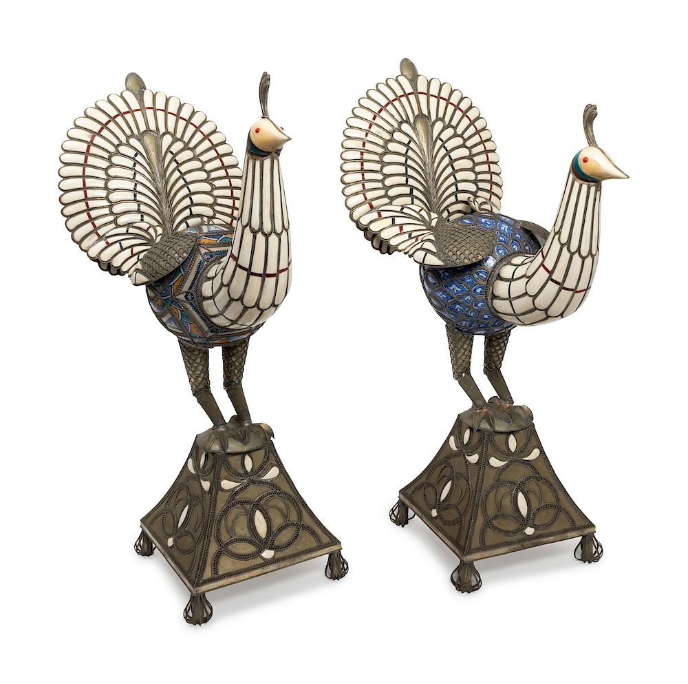 Appraisal: A Pair of Middle Eastern Inlaid Silvered Metal and Porcelain