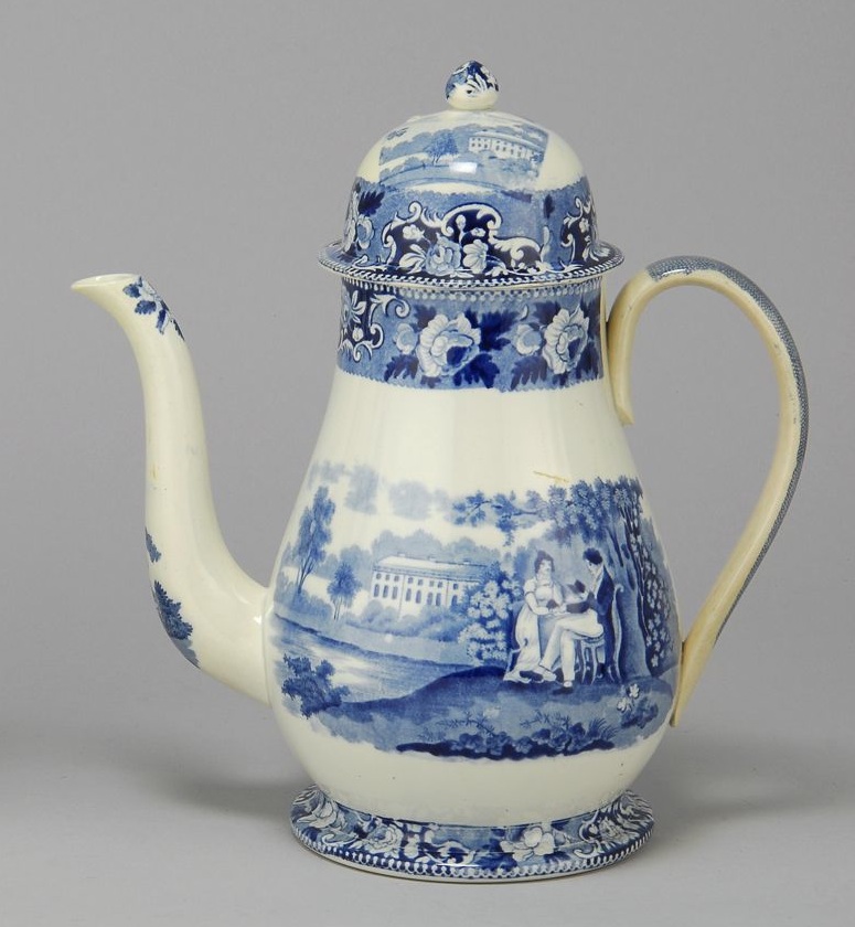 Appraisal: EARLY ENGLISH STAFFORDSHIRE DOME-COVERED COFFEEPOT Early th CenturyWith blue scenic