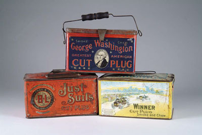 Appraisal: LOT OF TOBACCO TINS Colorful handled tins originally contained cut