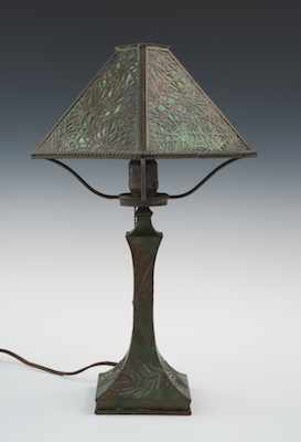 Appraisal: Attr Revere Table Lamp with Pine Needle Over Slag Glass