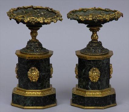 Appraisal: PAIR OF RENAISSANCE-STYLE GILT-BRONZE MOUNTED VERDE ANTICO MARBLE TAZZAS Each