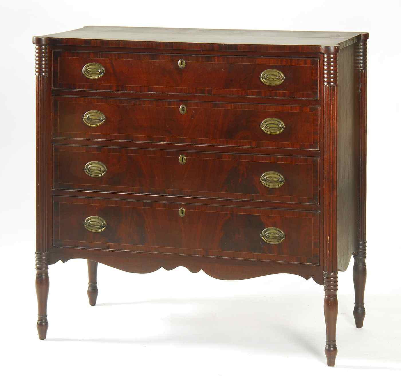 Appraisal: ANTIQUE AMERICAN SHERATON FOUR-DRAWER BUREAUCirca In mahogany and mahogany veneers