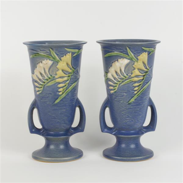 Appraisal: Pair of Roseville blue Freesia art pottery twin-handled vases H