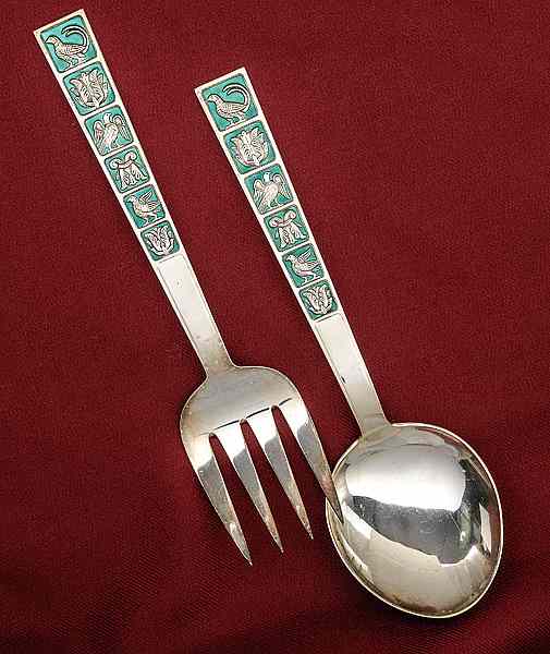 Appraisal: David Andersen Sterling and Enamel Salad Servers Norwegian th century