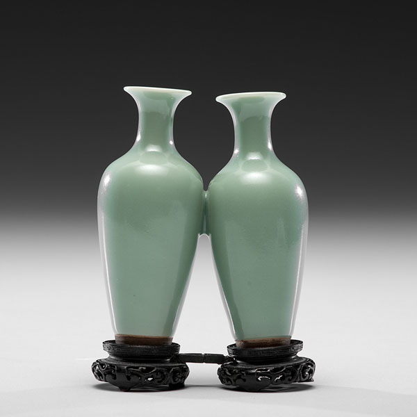 Appraisal: Chinese Qing dynasty Kangxi period Two joined celadon glaze vases