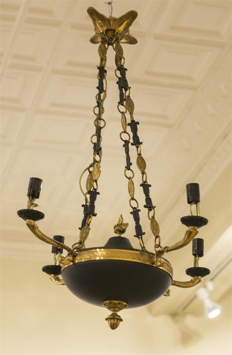 Appraisal: EMPIRE STYLE PATINATED AND GILT-METAL FOUR-LIGHT HALL CHANDELIER x in