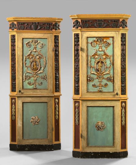 Appraisal: Pair of Italian Neoclassical-Style Polychromed and Parcel-Gilt Corner Cabinets each