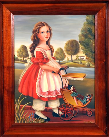 Appraisal: Girl with baby doll carriage outdoor scene oil on canvas