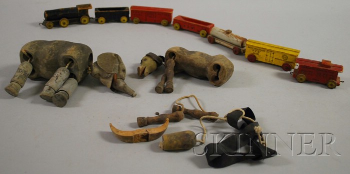 Appraisal: Seven-piece Painted Wood Toy Train and Two Painted Wood Animal