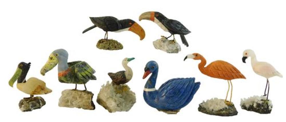 Appraisal: Eight carved hardstone birds with metal legs most perched on