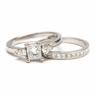 Appraisal: Platinum and Diamond Wedding Set centered with one prong set