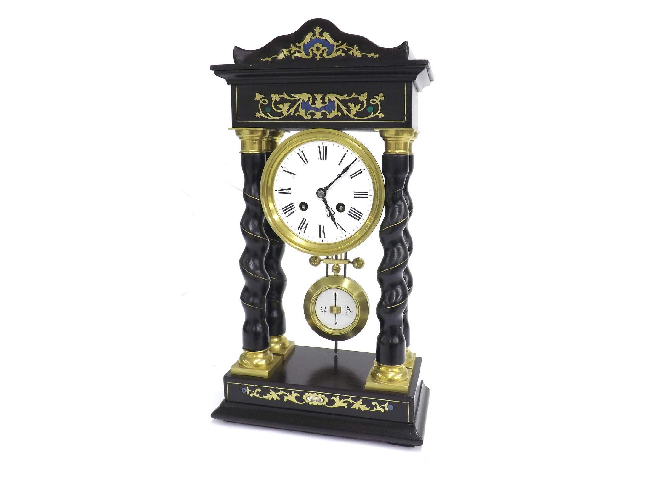 Appraisal: French ebonised and inlaid two train portico mantel clock the