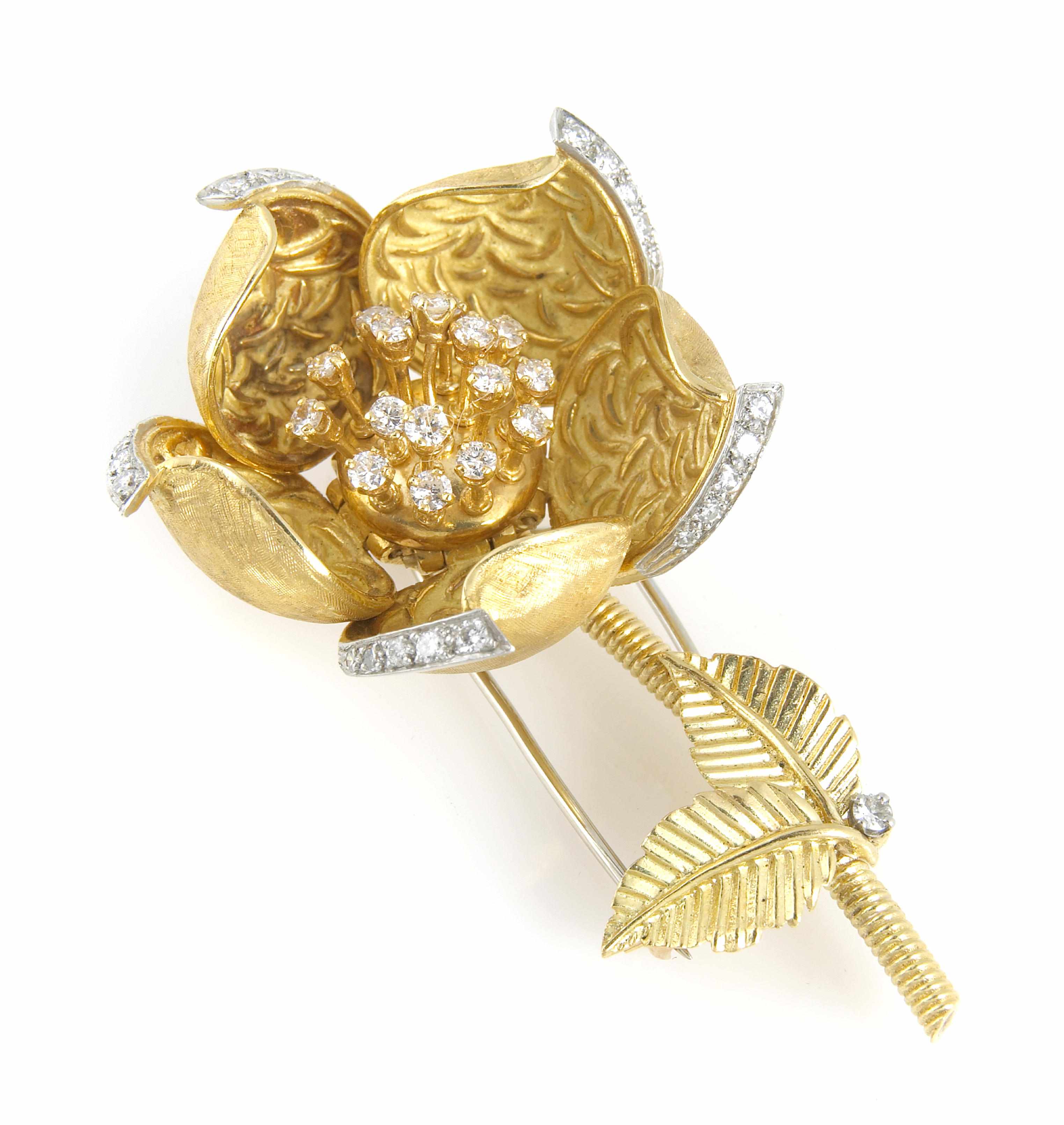 Appraisal: A diamond k k gold and platinum rose brooch rose