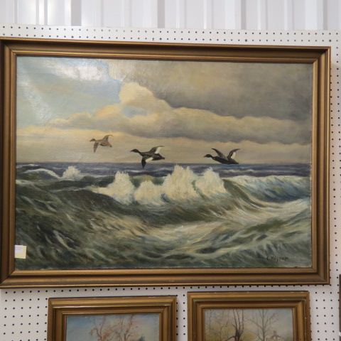 Appraisal: C Hoyrup oil ducks in flight over rough seas on