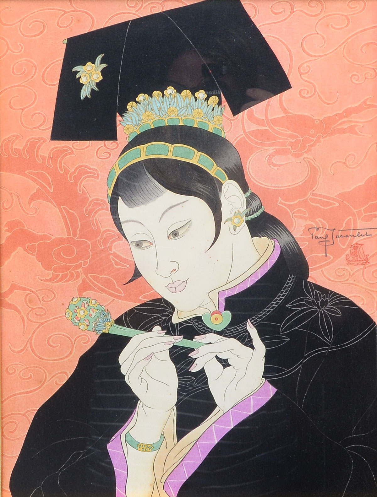 Appraisal: JACOULET Paul French - Woman Holding Pipe Japanese Woodblock Print