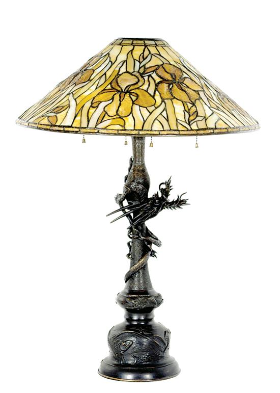 Appraisal: Japanese bronze table lamp with stained glass shade mottled brown