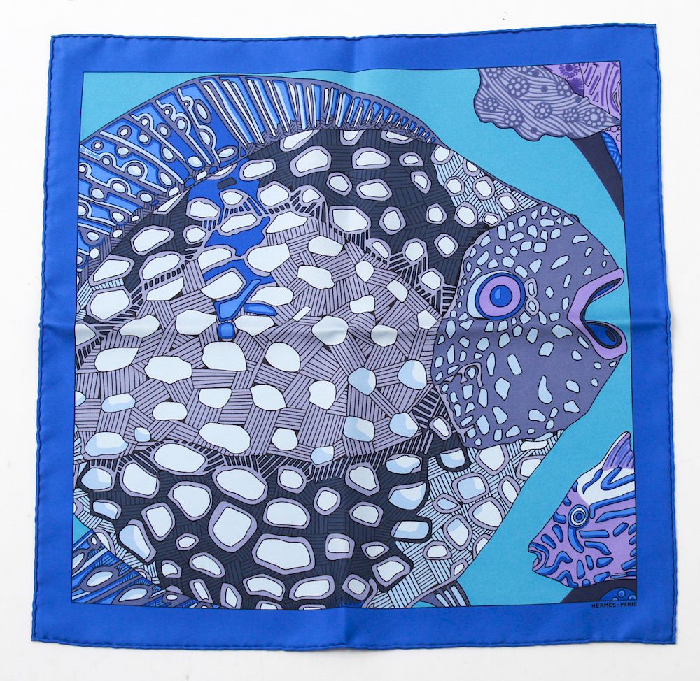 Appraisal: Hermes Fish Motif Pocket Square Hermes silk pocket square fish