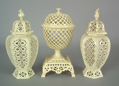 Appraisal: Pair of Leeds pottery reticulated covered urns early th c