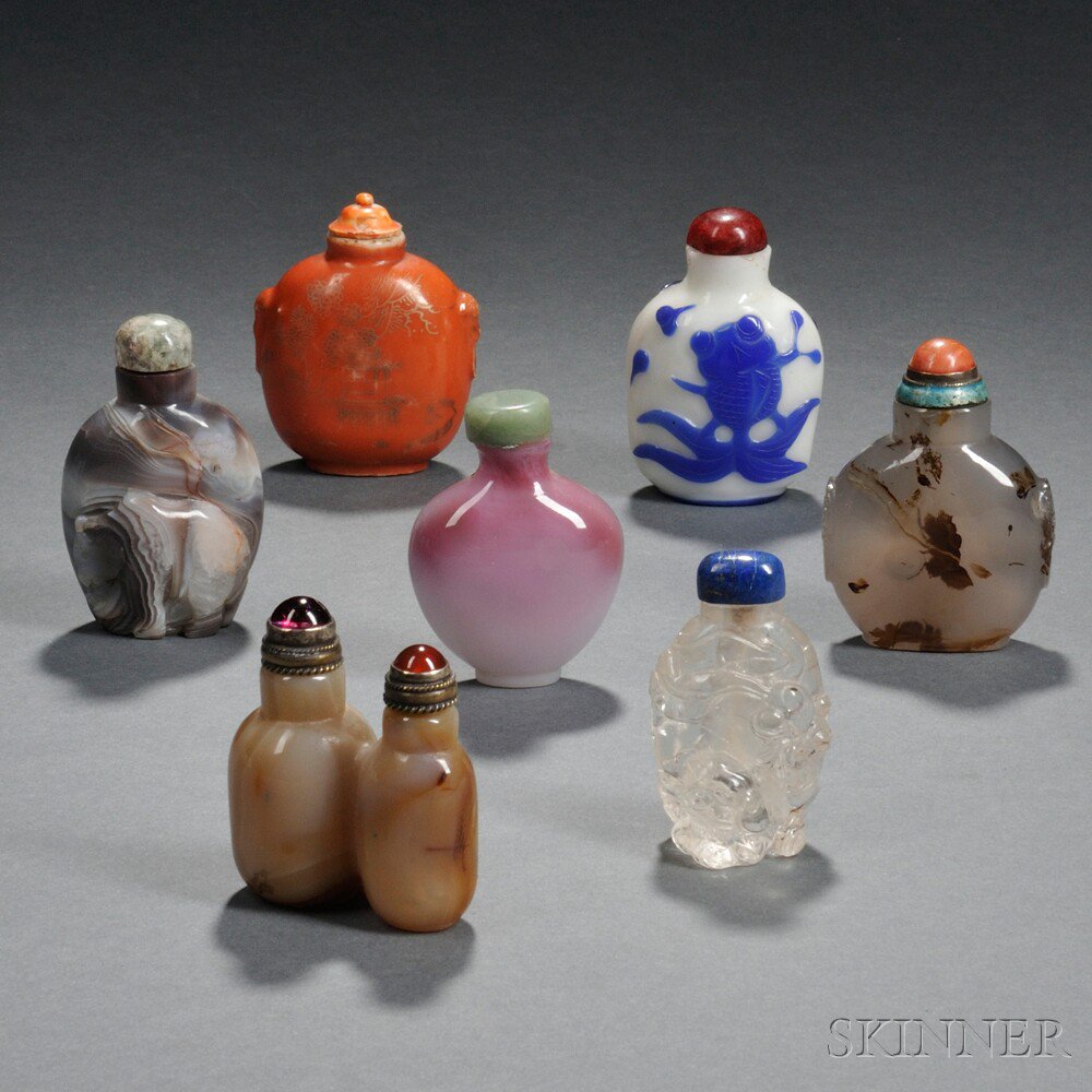 Appraisal: Seven Snuff Bottles China a Peking glass bottle with a