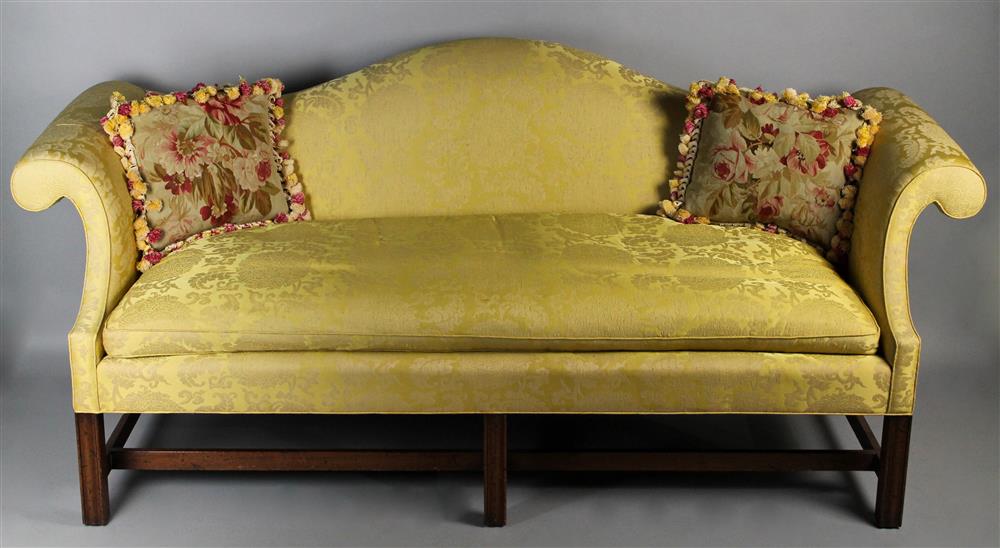 Appraisal: COLCHEO BROS CHIPPENDALE STYLE CAMELBACK SOFA WITH YELLOW SILK DAMASK