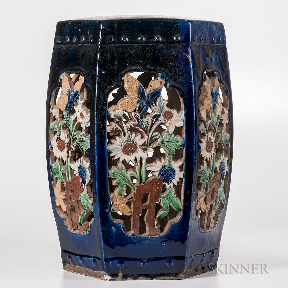 Appraisal: Blue-glazed Garden Seat Blue-glazed Garden Seat China hexagonal drum-form each