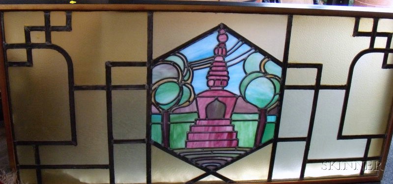 Appraisal: Leaded Glass Scenic Panel Depicting an Obelisk in Landscape framed