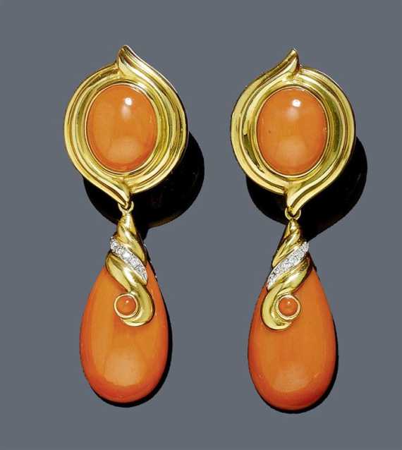 Appraisal: CORAL GOLD AND DIAMOND EAR PENDANTS Yellow gold Decorative ear