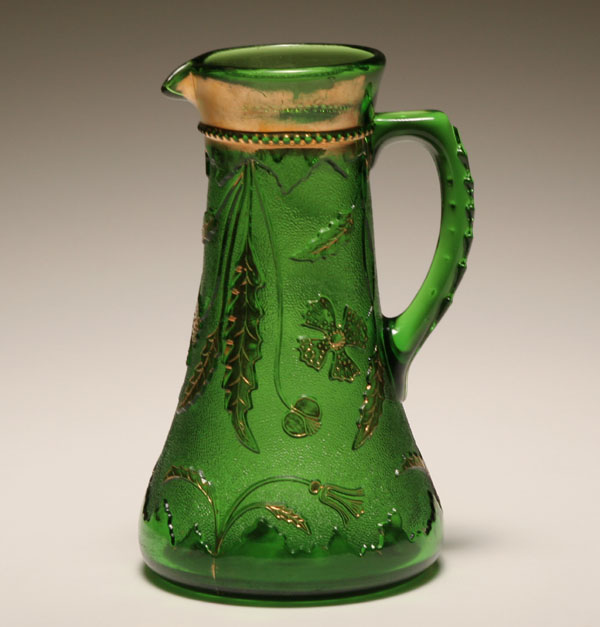 Appraisal: Northwood Verre d'Or green glass pitcher with gilt florals H