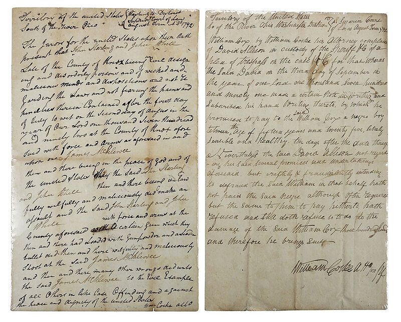 Appraisal: Two William Cocke Early Tennessee Documents reads Territory of the