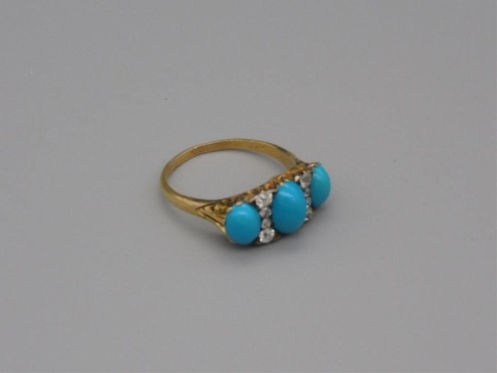 Appraisal: PERSIAN TURQUOISE AND DIAMOND RING kt gold Early th c