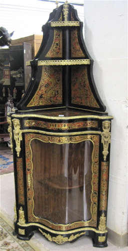 Appraisal: LOUIS XVI STYLE EBONY BOULLE AND ORMOLU-MOUNTED ENCOIGNURE ETAGERE with