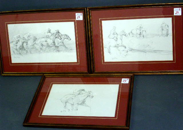 Appraisal: Curling Peter Irish set of three pencil drawings of horseracing