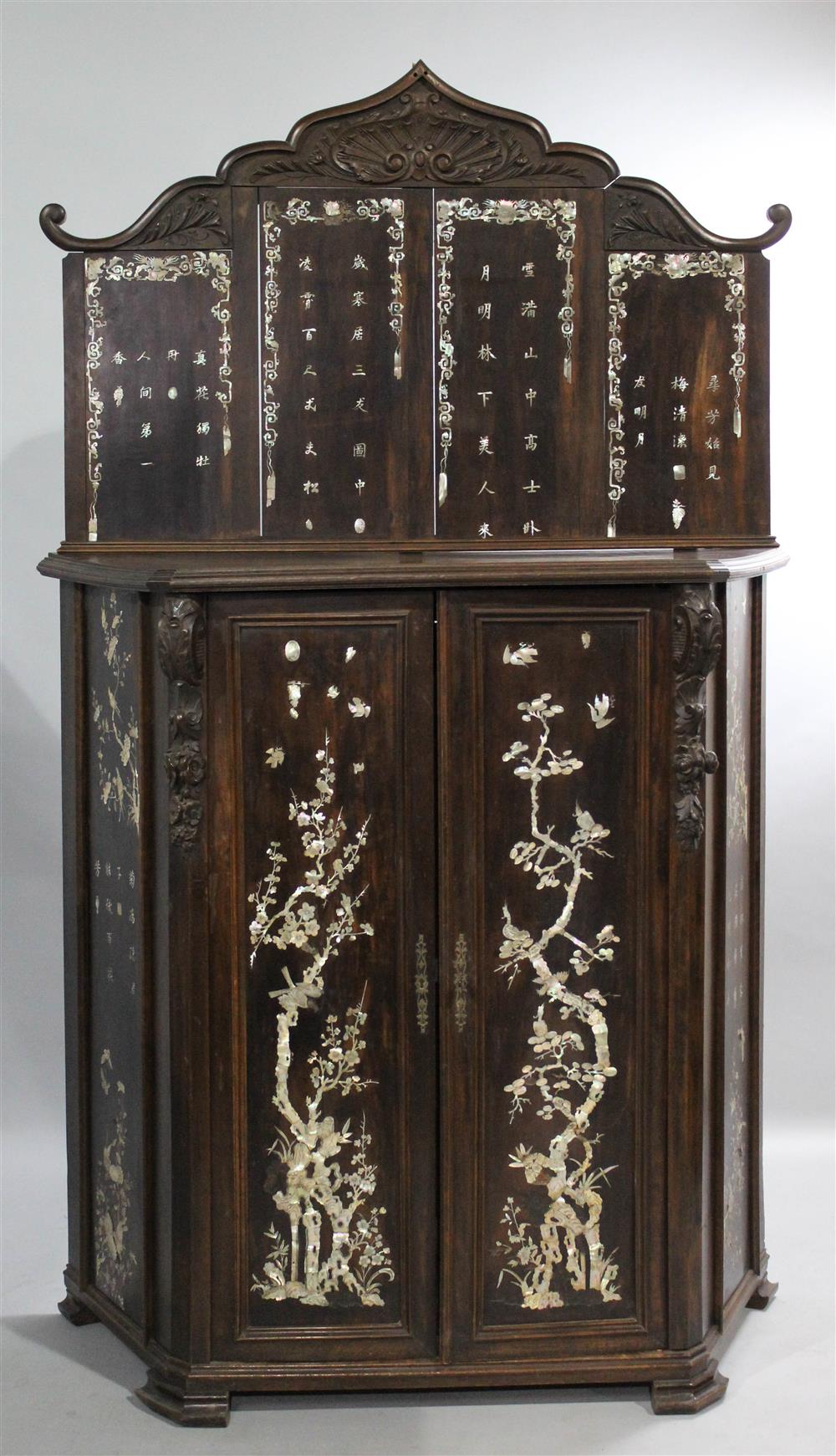 Appraisal: FRENCH COLONIAL INLAID CABINET WITH ASIAN PANELS having a carved