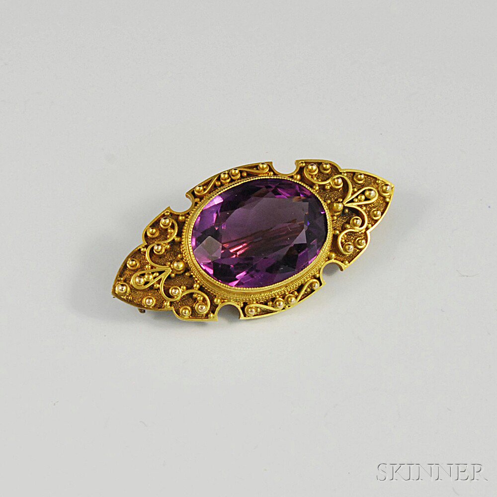 Appraisal: Antique kt Gold and Amethyst Brooch the pin with granulated