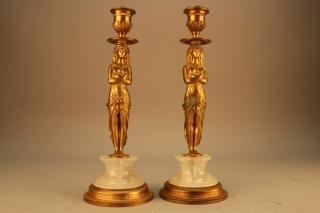 Appraisal: Gilt Egyptian Revival Style Candle Holders mounted on rock crystal