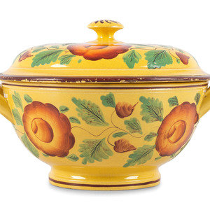 Appraisal: A Canary Luster Lidded Bowl Early th Century Height overall