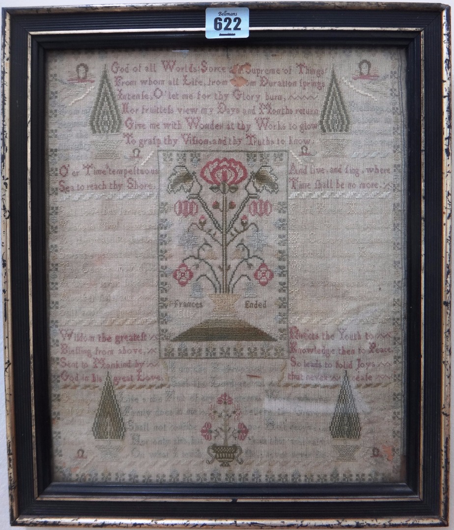 Appraisal: A needlework sampler worked by Frances Etty with topiary and