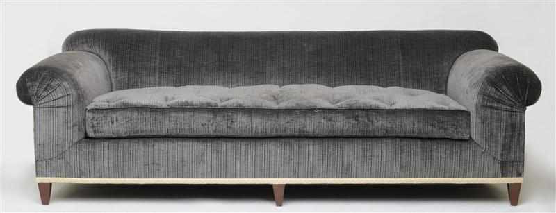 Appraisal: MODERN MIDNIGHT BLUE VELVET UPHOLSTERED SOFA DESIGNED BY FOX-NAHEM With