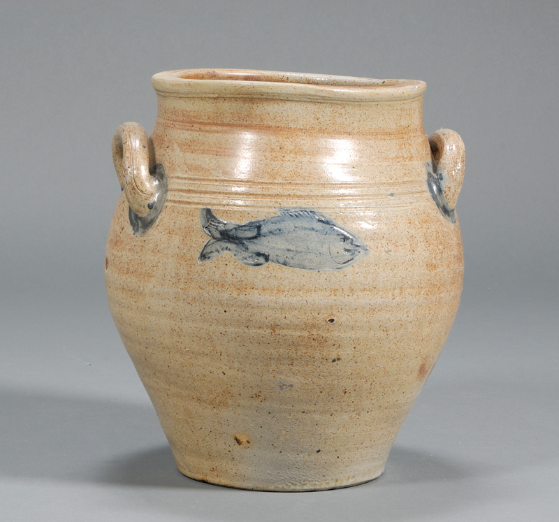 Appraisal: Stoneware Jar with Cobalt Codfish Decoration attributed to Jonathan Fenton